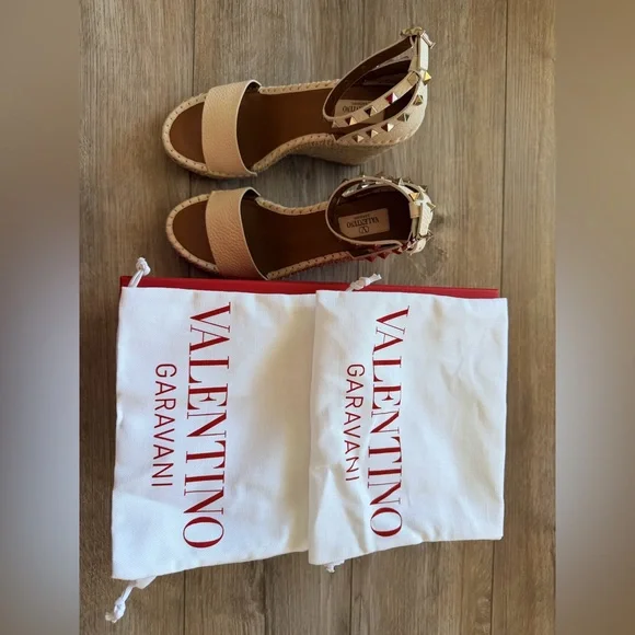 Valentino Double Rockstud Grainy Calfskin Wedge Sandal - Picture 2 of 9